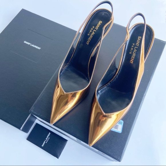 Saint Laurent Shoes - SAINT LAURENT Kiki Pointed Toe Slingback Pump Gold